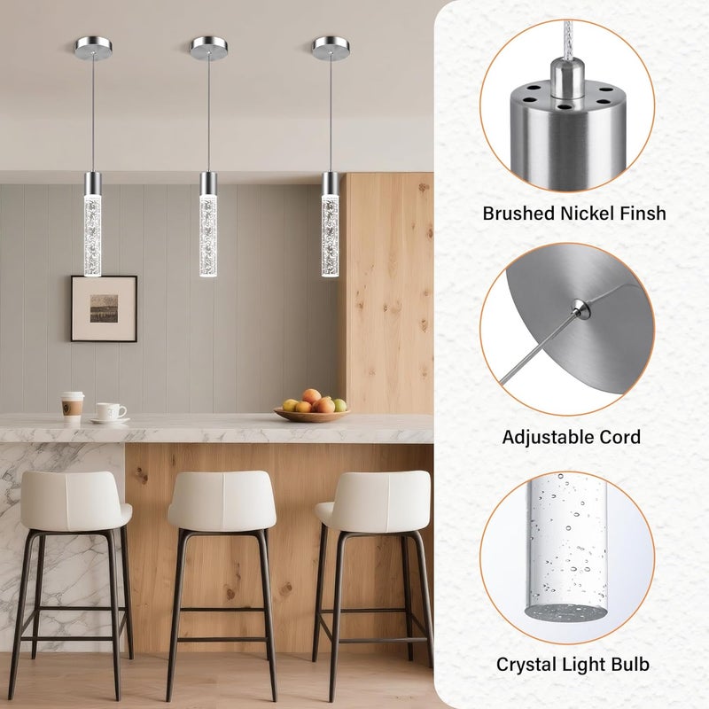 Esfos Pendant Lights Kitchen Island, 6500K Modern Kitchen Island Lights Brushed Nickel, 3 Pack Ceiling Lighting Fixtures with Crystal Bubble, Integrated LED Hanging Light for Dining Room Restaurant - Image 4